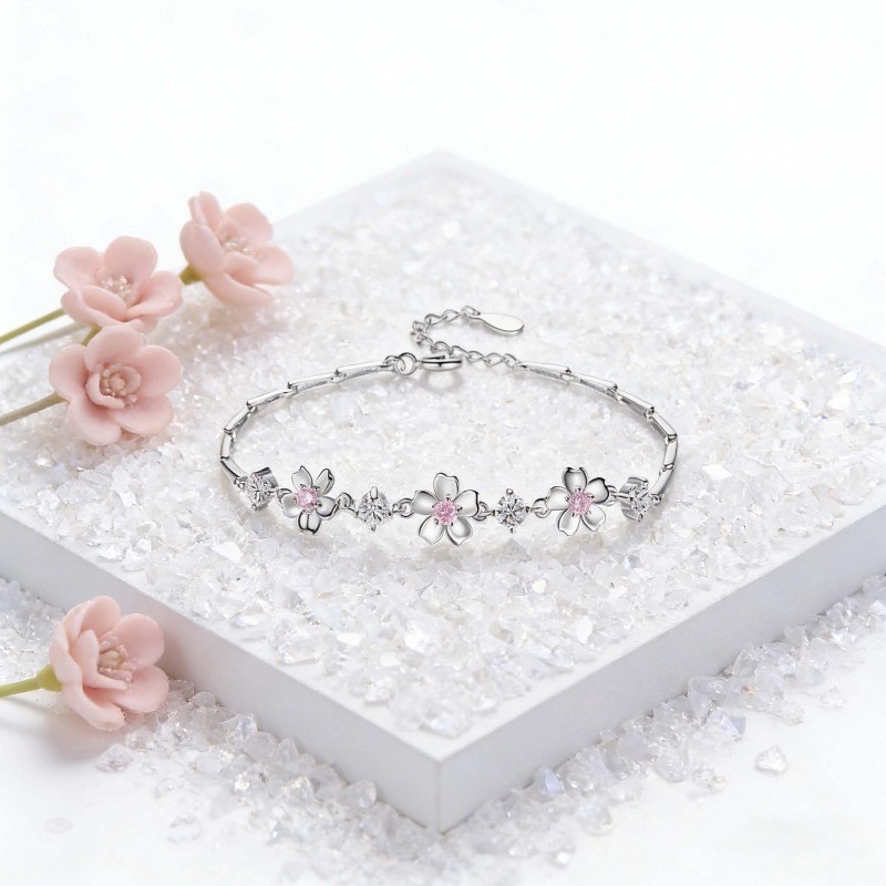 925 Silver Plated Cherry Blossom Pink Zircon Bracelet Women’s Sweet Bangle