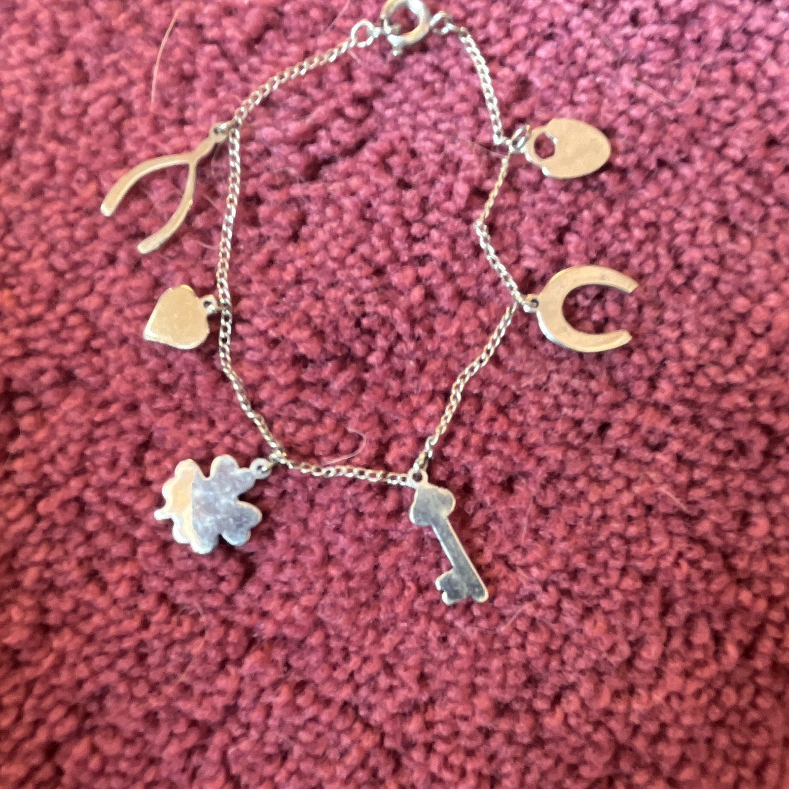 Silver Tone Cable Chain Charm Bracelet, Dangle Luck Charms, Spring Ring
