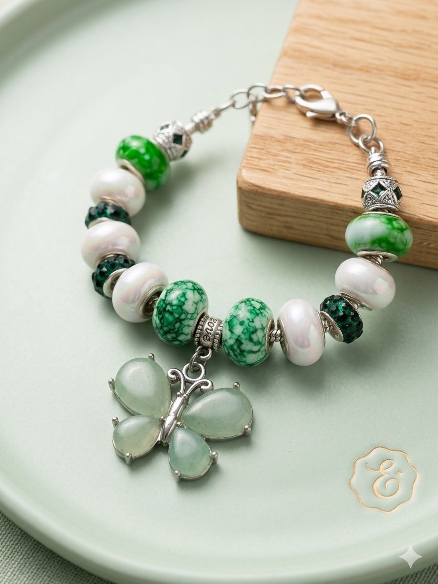 Green & White Glass Beaded Charm Bracelet with Butterfly Dangle, Lobster Clasp