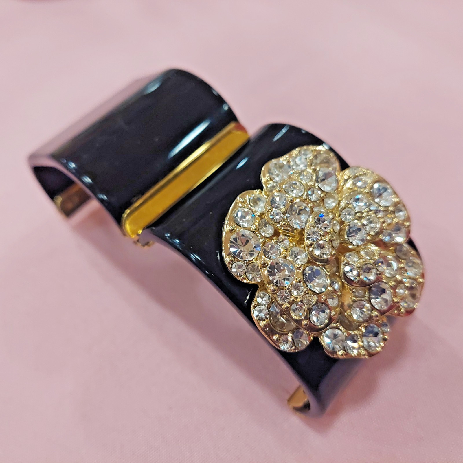 Black and Gold Crystal Flower Resin Cuff Bracelet