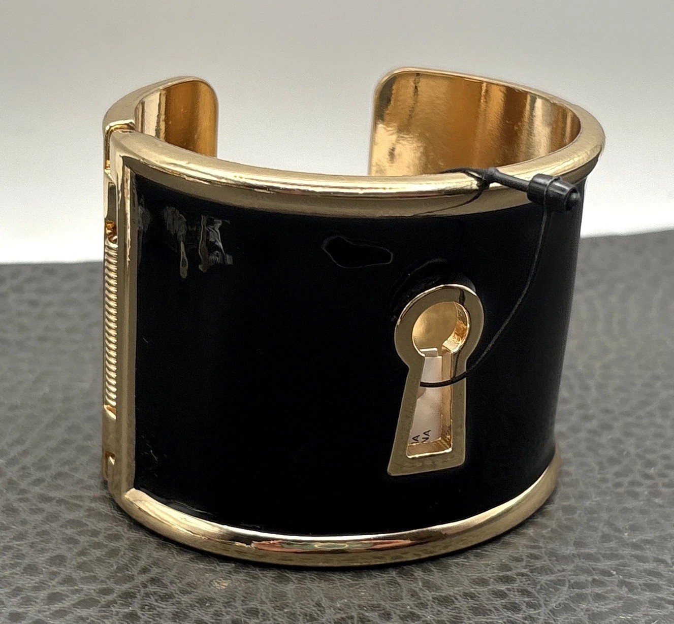 Chicos Black Enamel Gold Tone Cuff Bracelet Keyhole Key Hole Lock Wide Statement