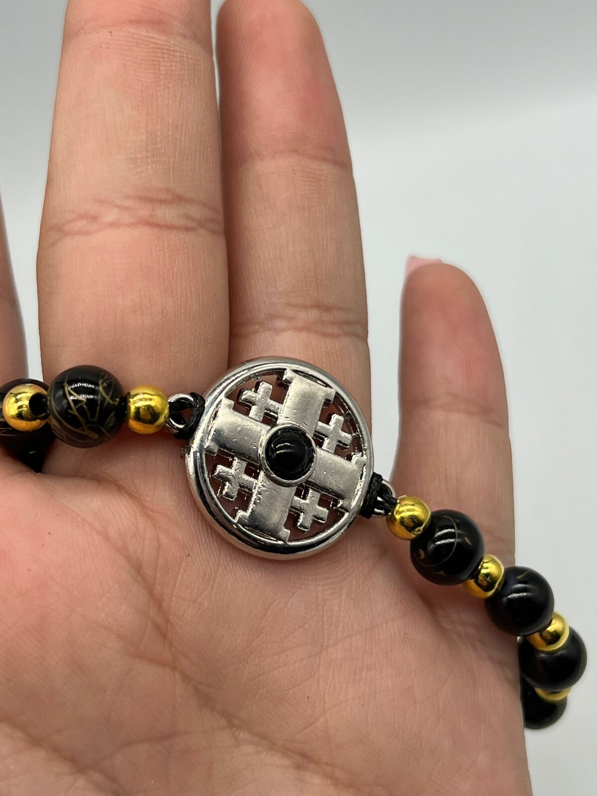 Jerusalem Cross Black Beads Bracelet Catholicism Brass Plated