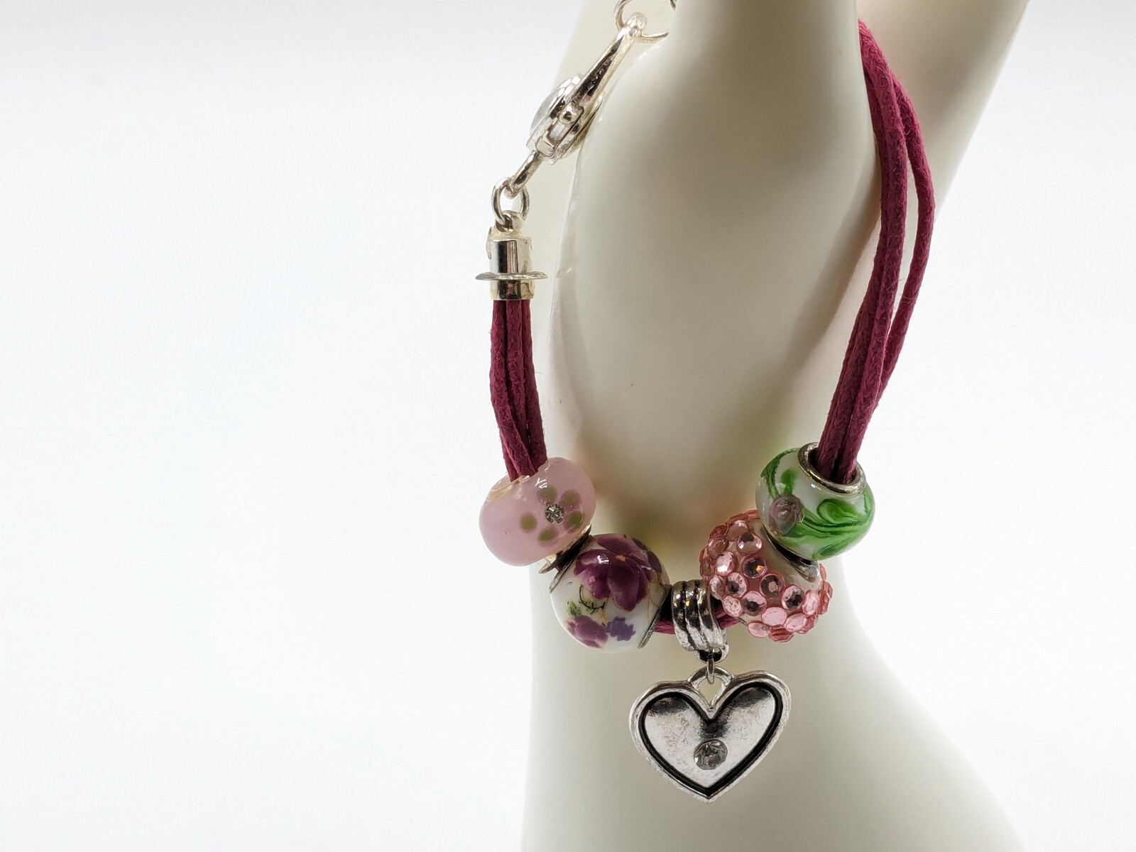 Pink Leather Hear Charm Bracelet Enameled Beads