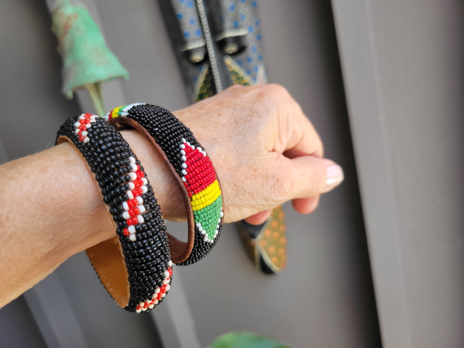 Vintage Lot of 2 African Woven Seed Bead & Leather Bangles African Colors 7″& 8″