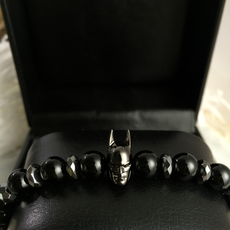 Charm Black Batman Bracelet Men 8mm Black Natural Onyx Round Male Bead Bracelets