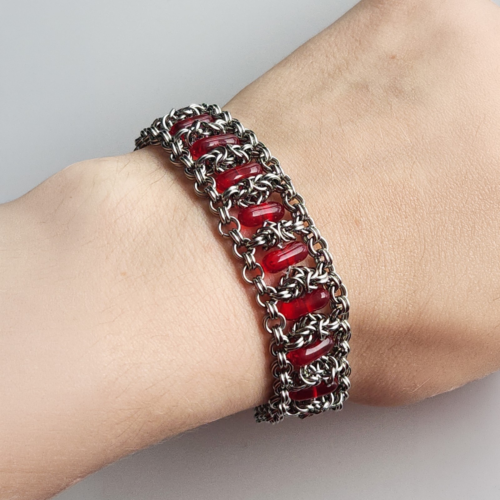 Vintage style handmade chainmail silver and red bracelet made of stainless steel