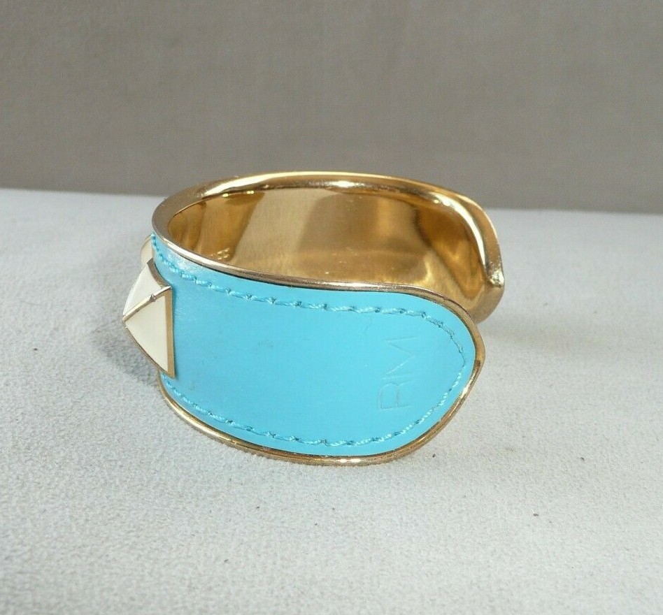 Rebecca Minkoff Blue Leather On Metal Cuff 3 Enamel Pyramid Studded Bracelet