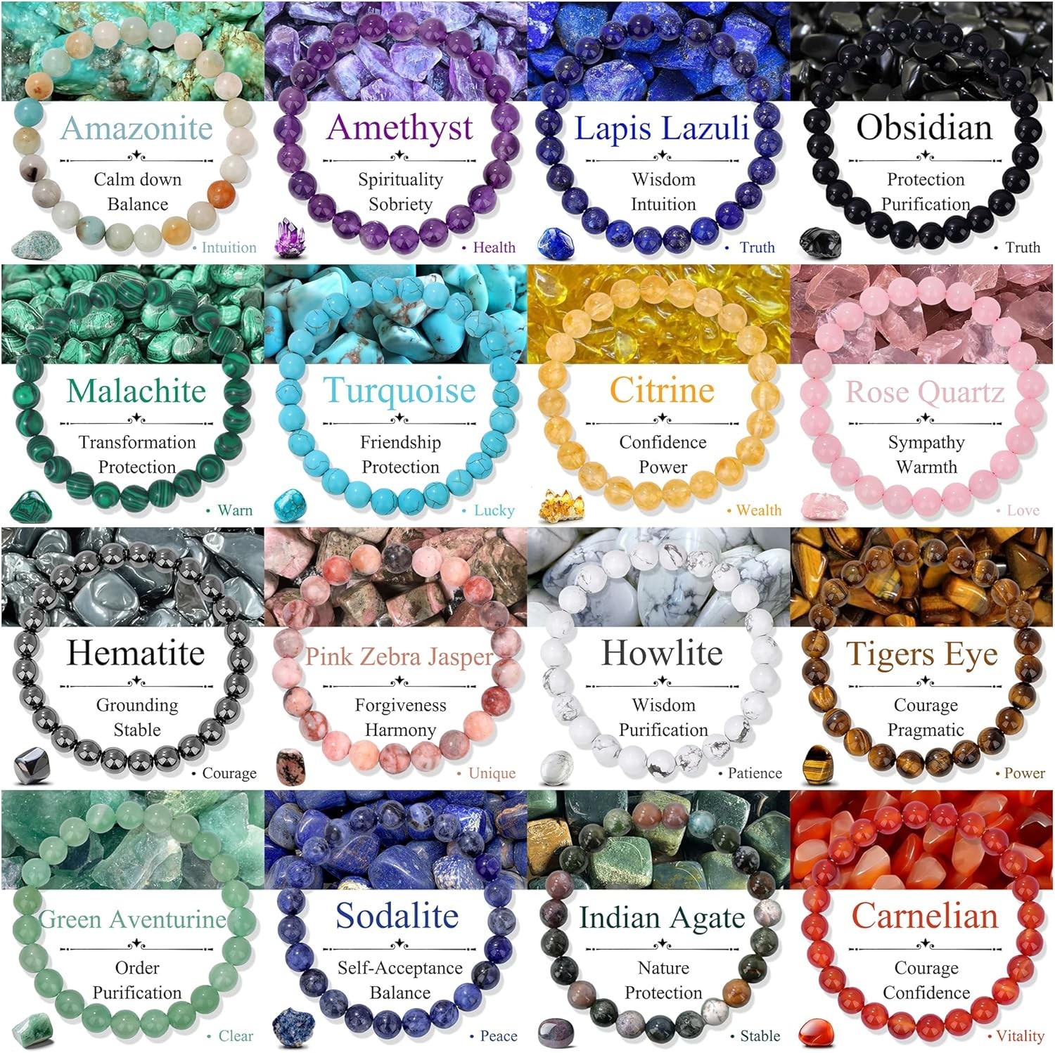 SAMOCO 16Pcs Natural Healing Crystal Bracelets for Women Men Semi-Precious Gemst