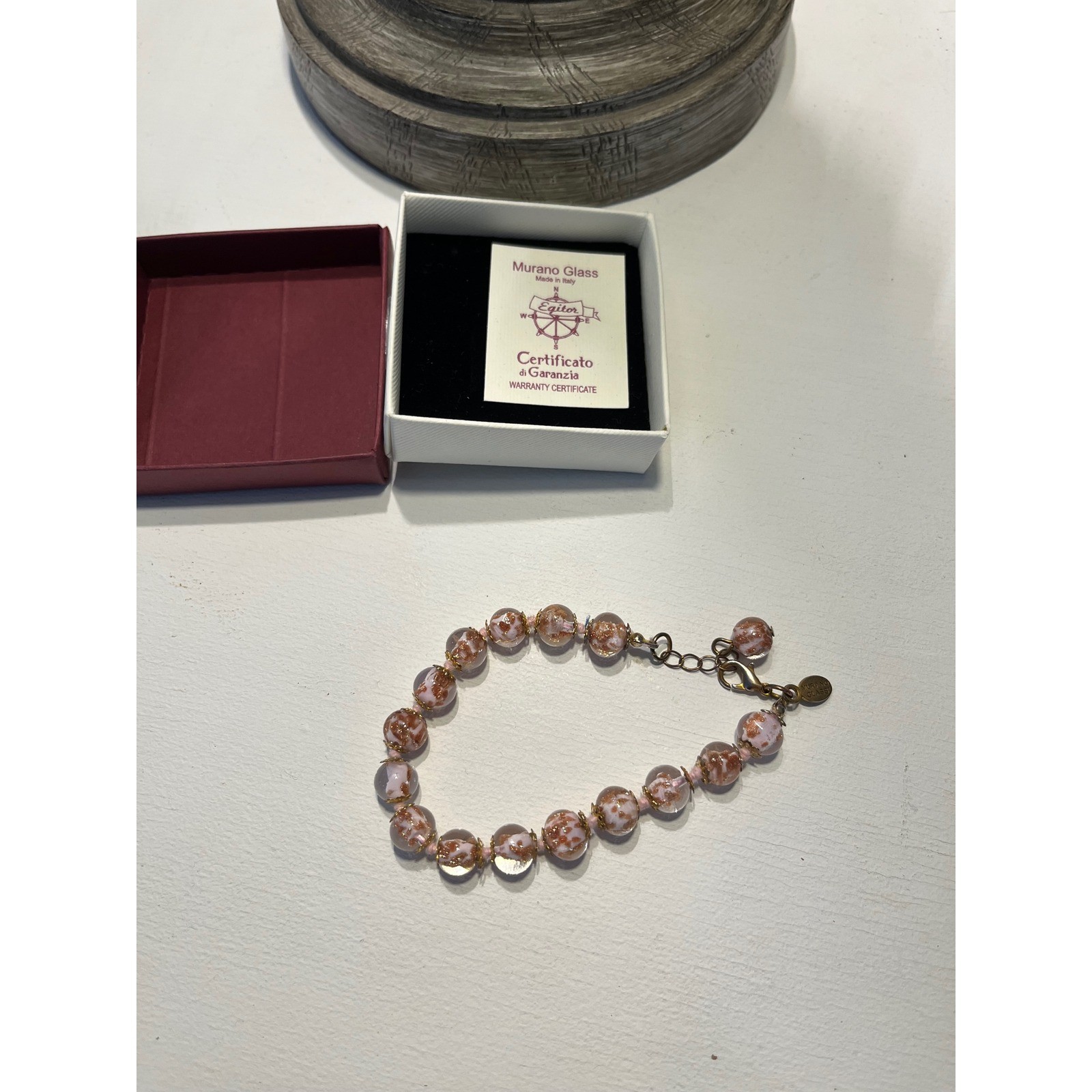 Egitor Murano Glass Bracelet Pink Gold Aventurine Beads Made in Italy with Box