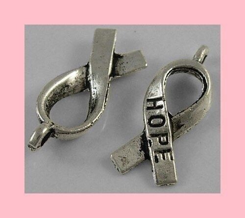 25 Tibetan Antique Silver Cancer Awareness Ribbon Charms HOPE Lead + Nickel Free