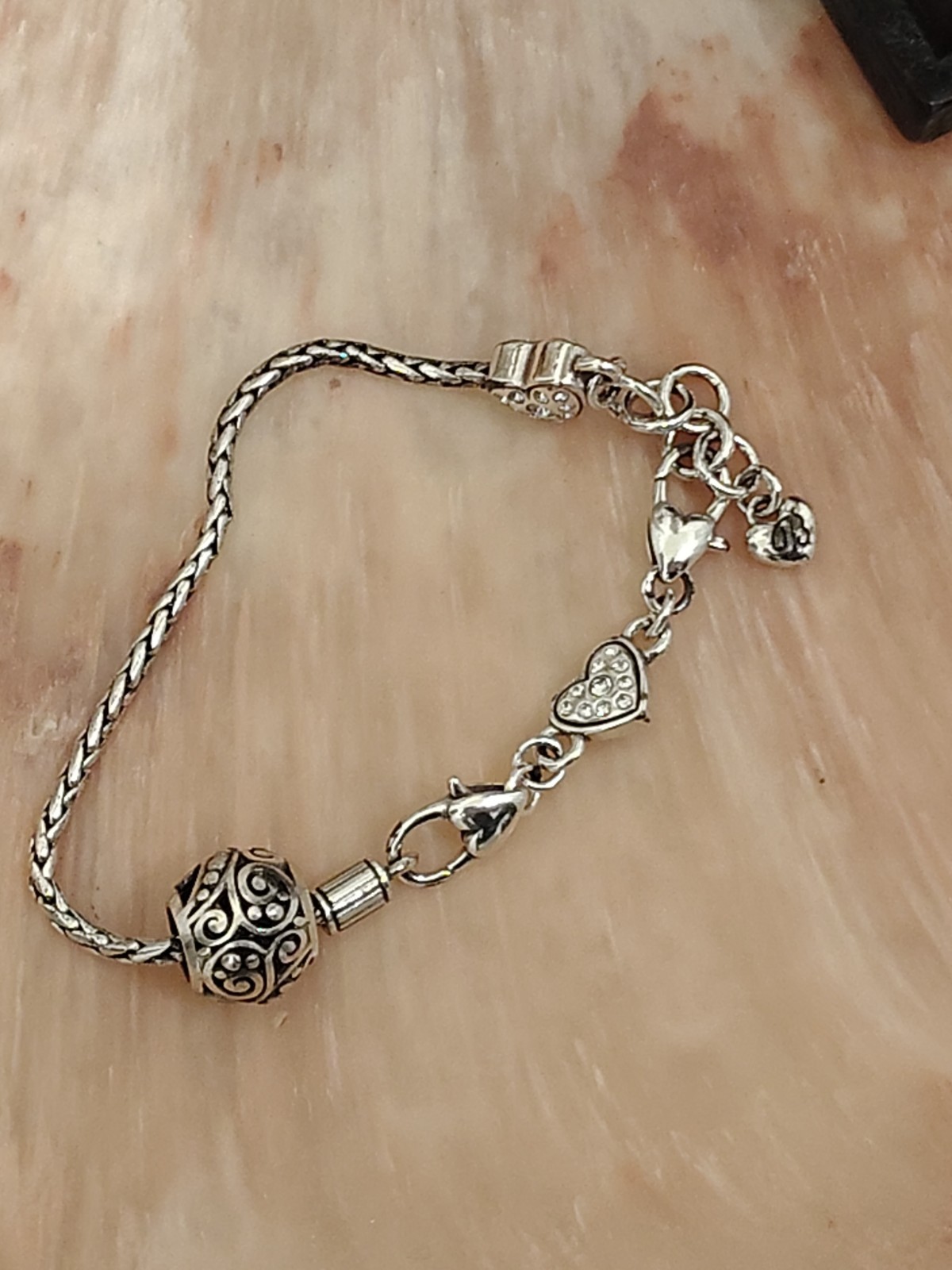 BRIGHTON Heart Charm Bracelet Crystal Accents Silver Plate Wheat Chain 8″