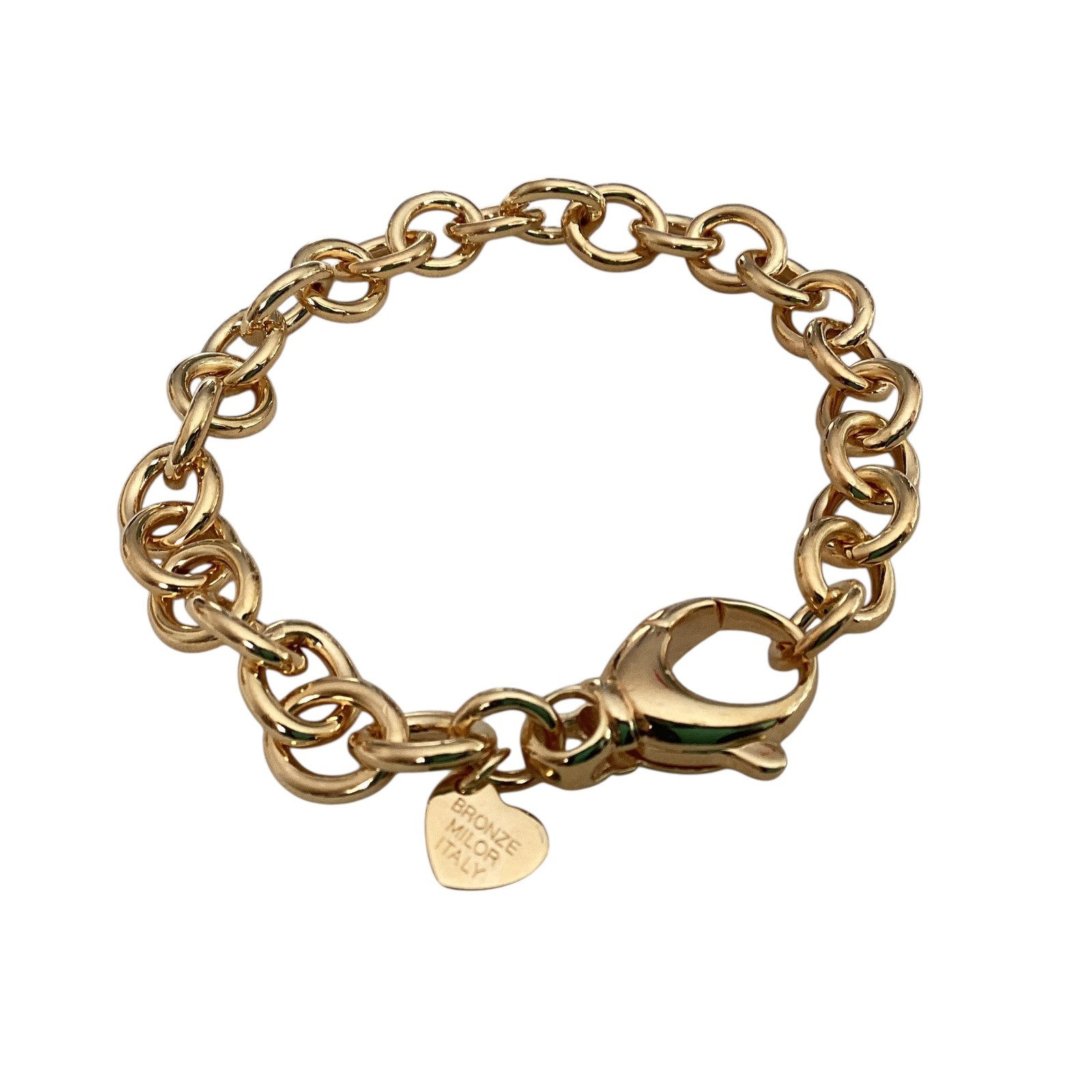 Bronzo Italia Gold Tone Oval Curb Link Bracelet Heart Charm Chunky 7 1/2”+