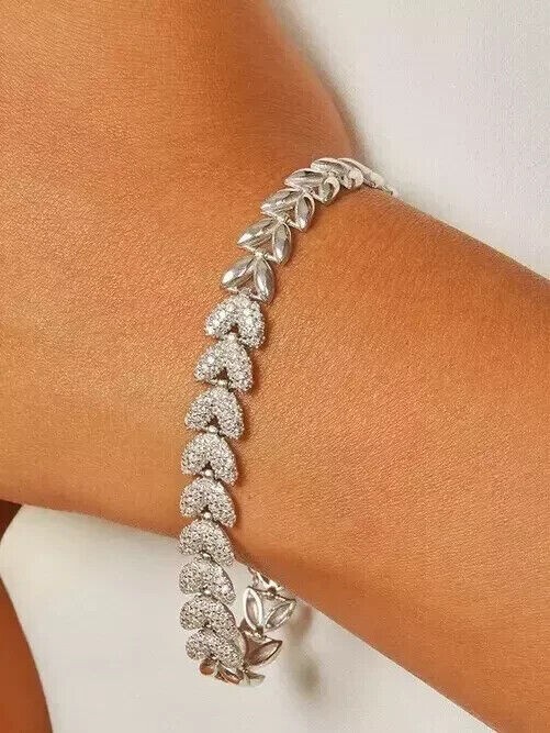 Round Cut Simulated Diamond Gorgeous Hearts Charm Bracelet 14K White Gold Plated