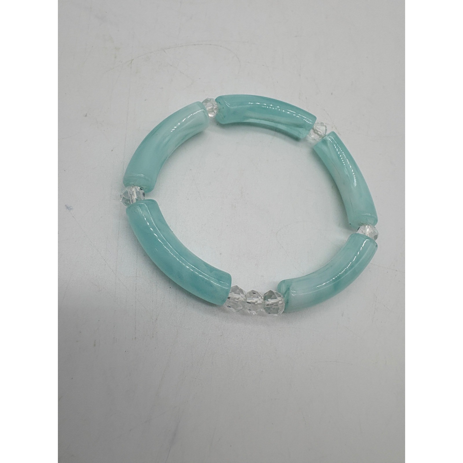 Aqua Blue Marbled Acrylic Tube Stretch Bracelet Clear Faceted Bead