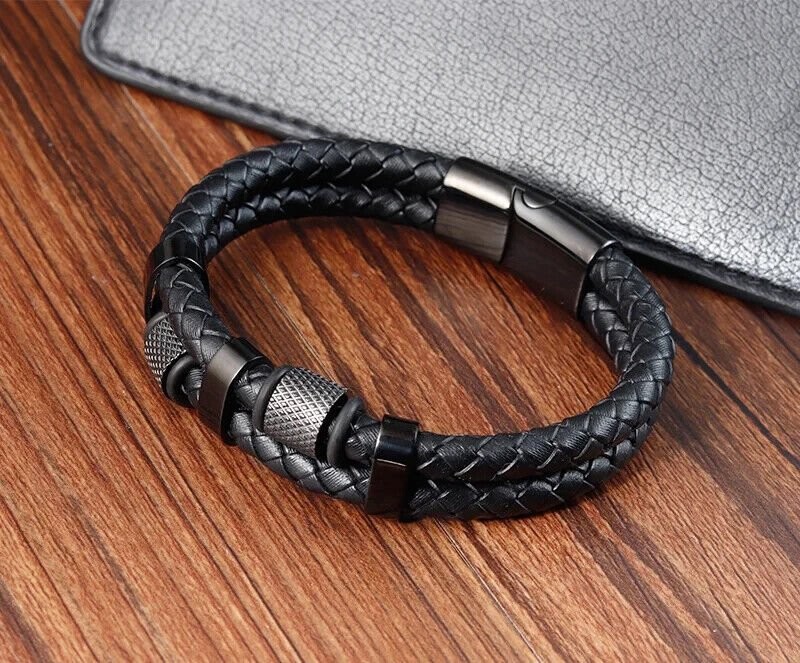 Men’s Stainless Steel Genuine Leather Bracelet Strength Fashion Bangle Wrap Gift
