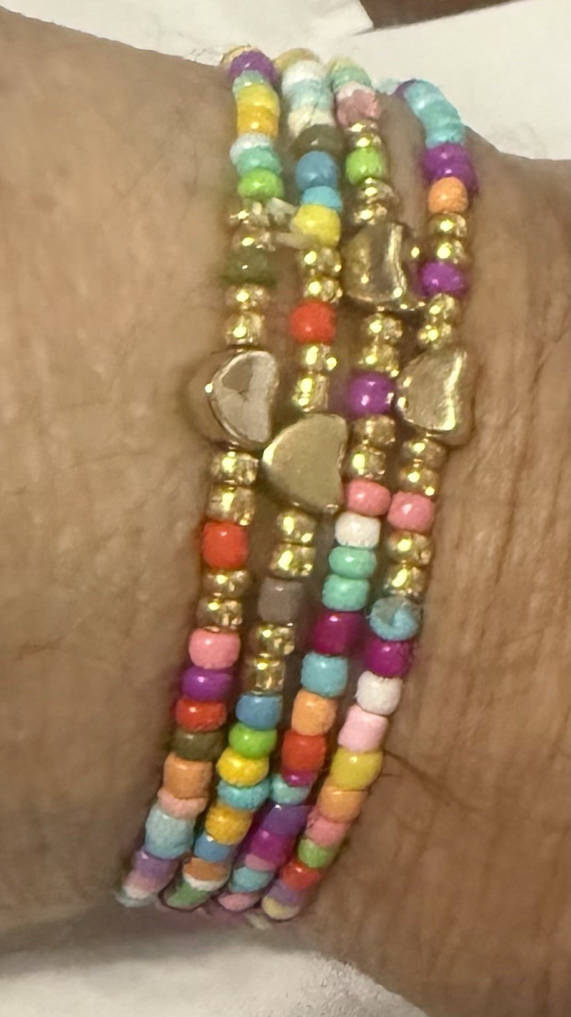 Wishing Bracelets – set of 4 – Multicolor with Gold Heart/Beads – FREE SHIPPING