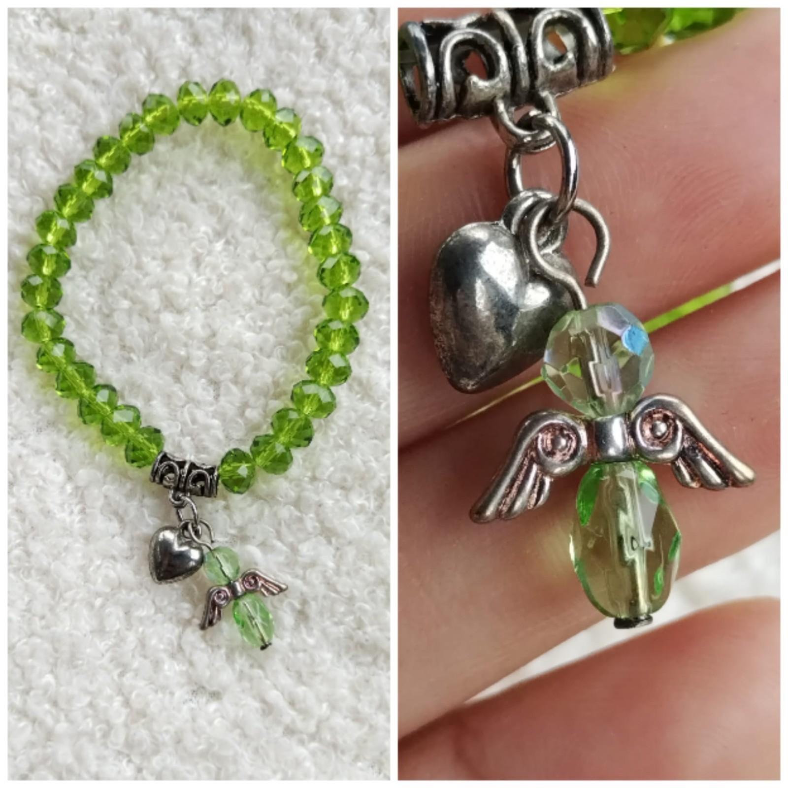 Green Facted Glass Beaded Elasticated Bracelet, Angle & Heart Charms