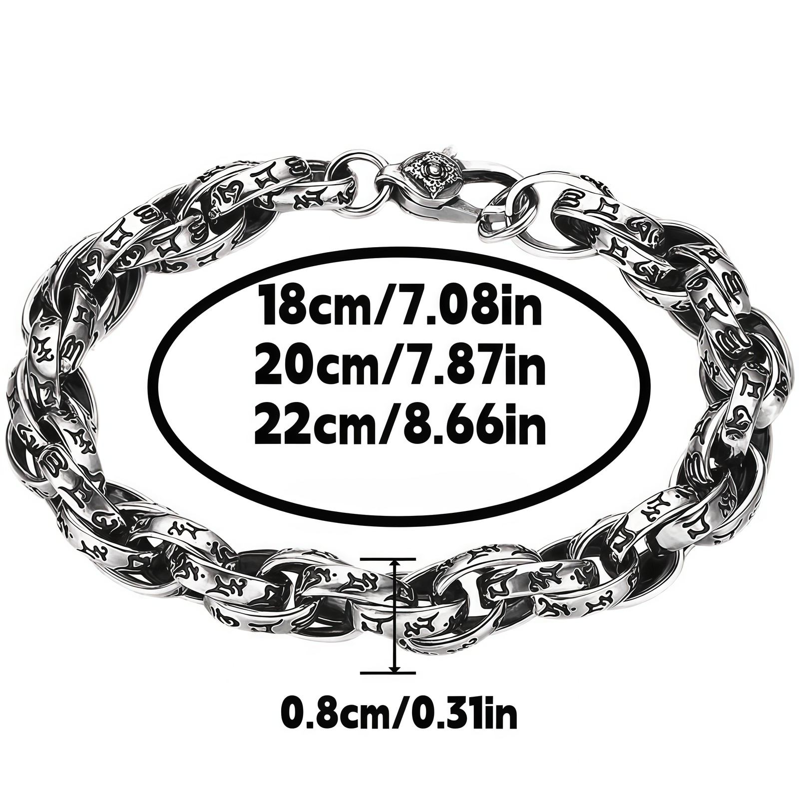 Vintage Scroll Engraved Curb Copper Chain Bracelet Plated Antique Silver for Men