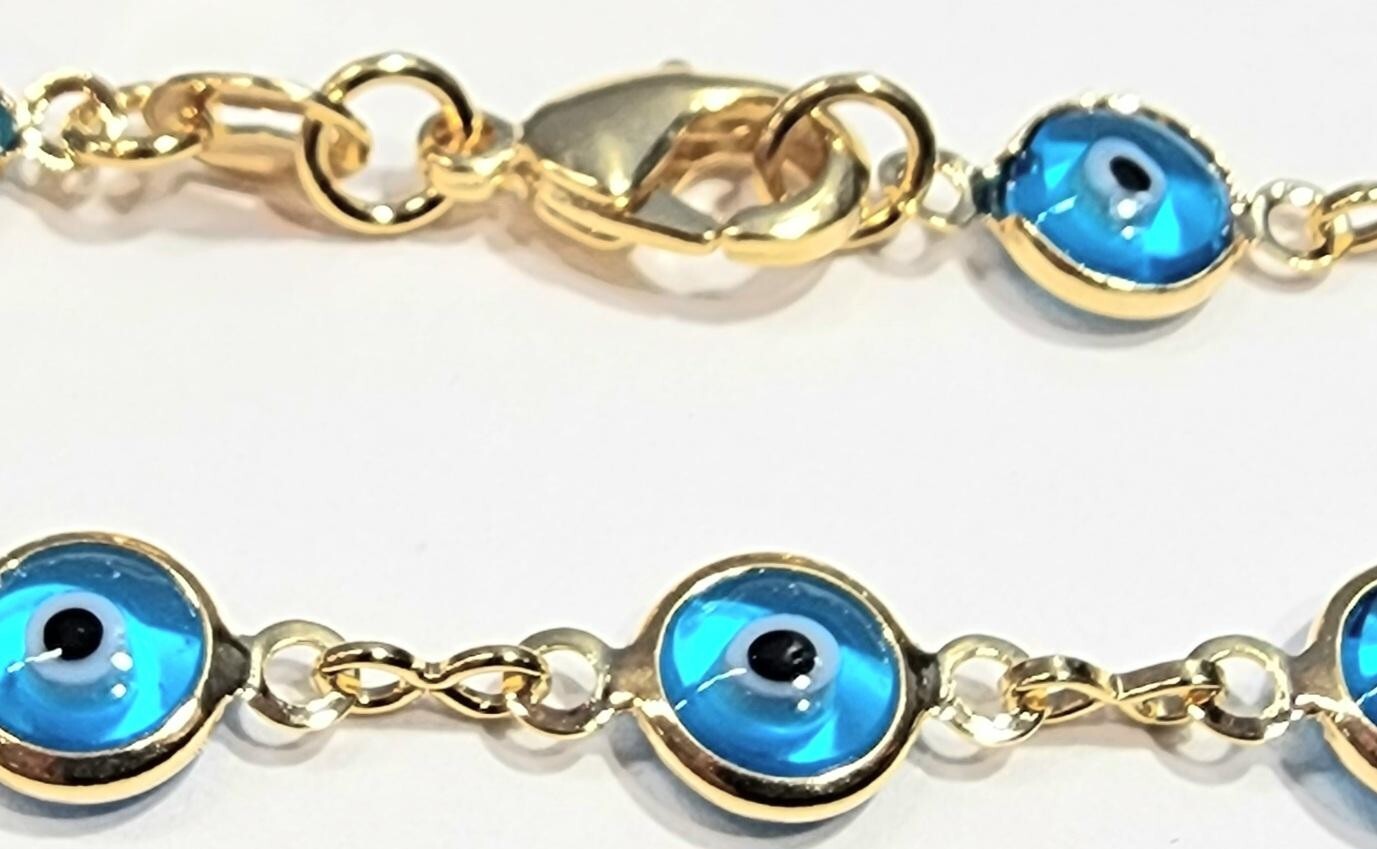 Evil Eye Bracelet Light Blue Eyes 7.5 inch Long 18k Gold Filled