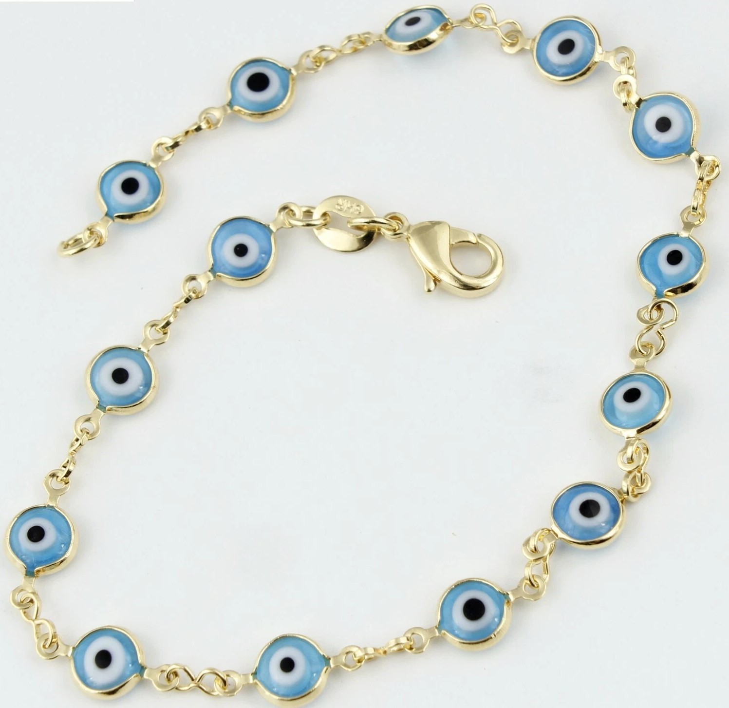 Evil Eye Bracelet Light Blue Eyes 7.5 inch Long 18k Gold Filled