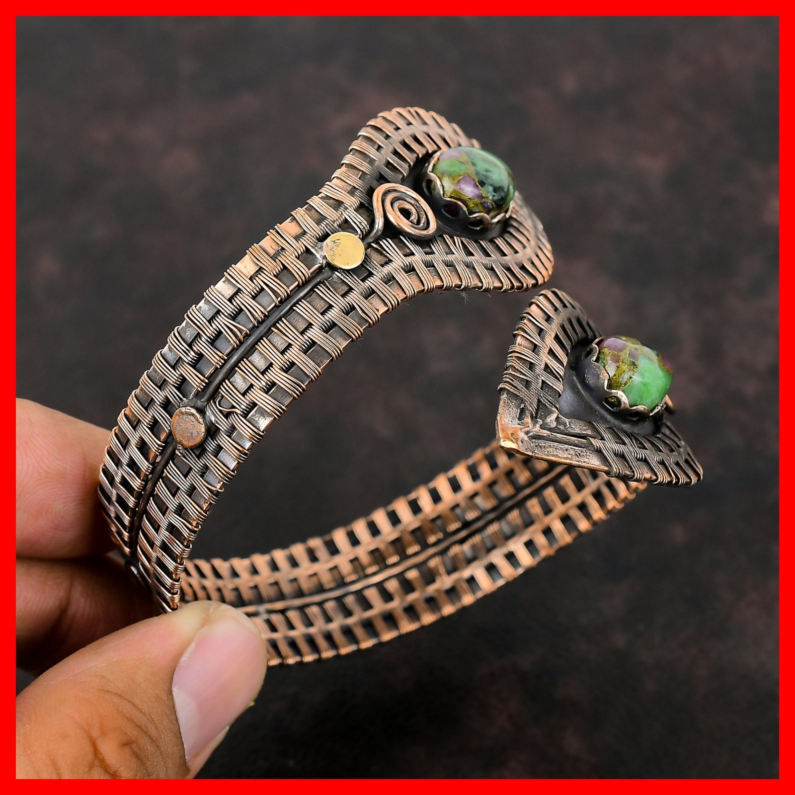 Oval Copper Ruby Zoisite Stone Copper Mother Wire Wrapped Elegant Wedding Bangle