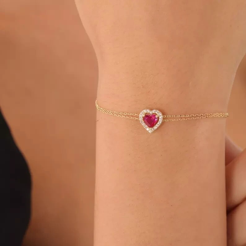 2Ct Heart Cut Simulated Pink Ruby Women’s Halo Bracelet 14K Yellow Gold Plated