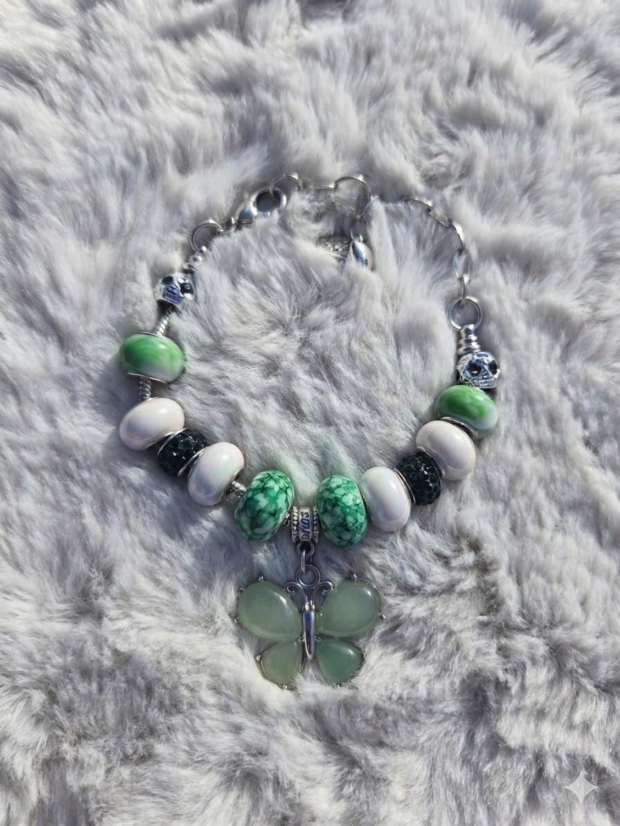 Green & White Glass Beaded Charm Bracelet with Butterfly Dangle, Lobster Clasp