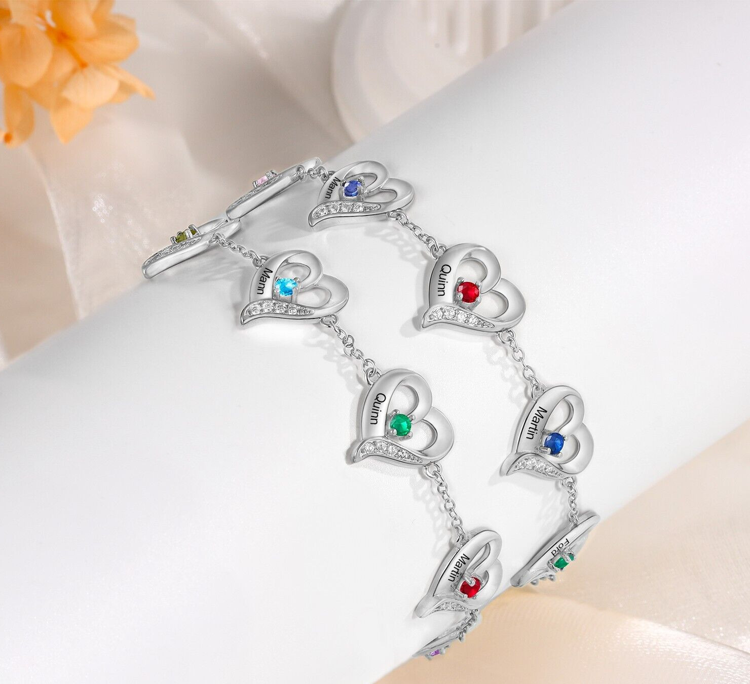 Personalized Engraved Mothers Day Heart Pendant Bracelet 6 Names & 6 Birthstones