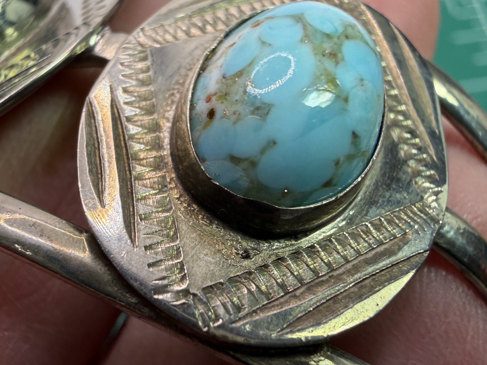 Vintage Silver Tone Large Faux Turquoise Statement Cuff Bracelet Mexico