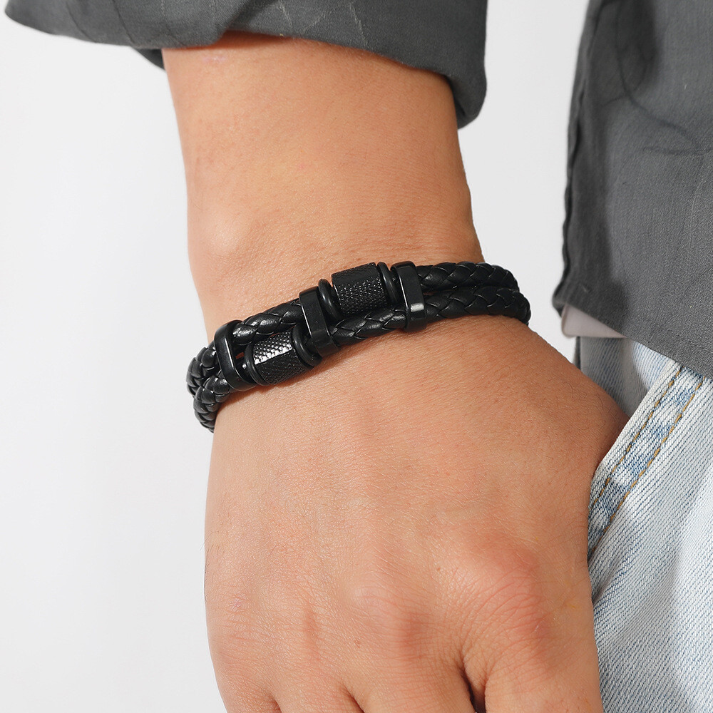 Stainless Steel Genuine Leather Strength Fashion Bangle Wrap Bracelet Men Gifts
