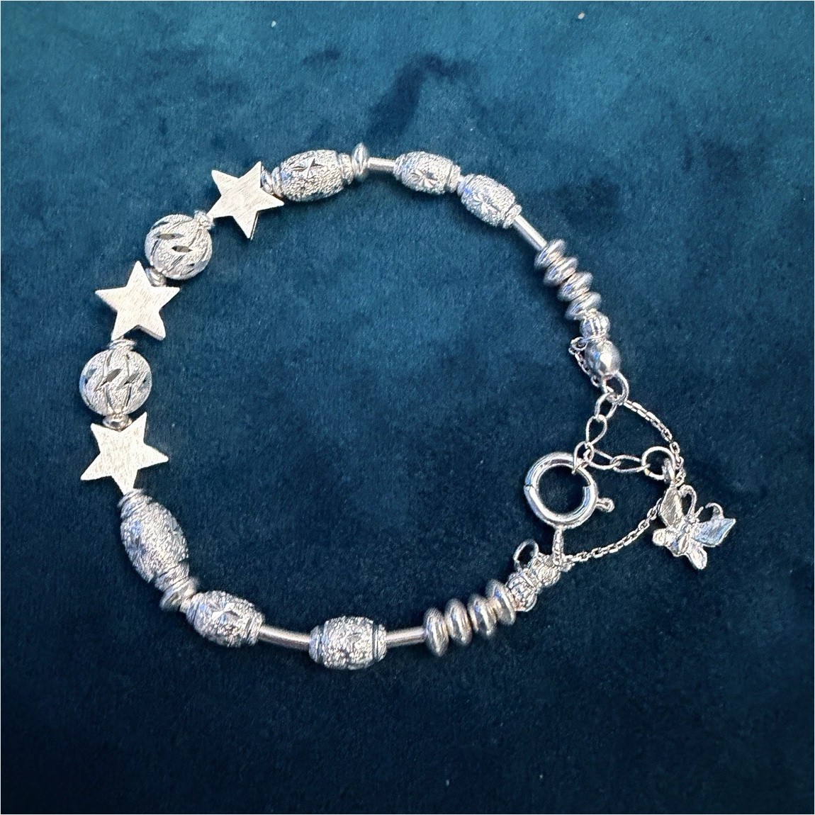 STERLING SILVER 10mmSTARs Beaded Bracelet Dangle Charm Spring Ring Closure No 2