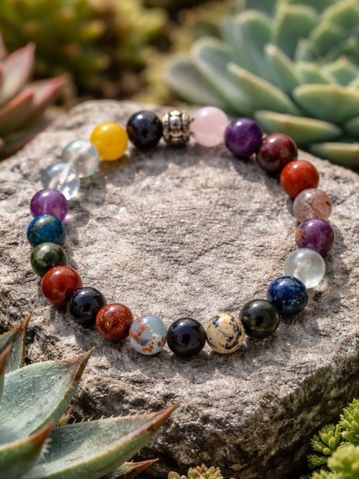 Multi-Color Gemstone Beaded Stretch Bracelet – Purple, Red, Blue, Yellow
