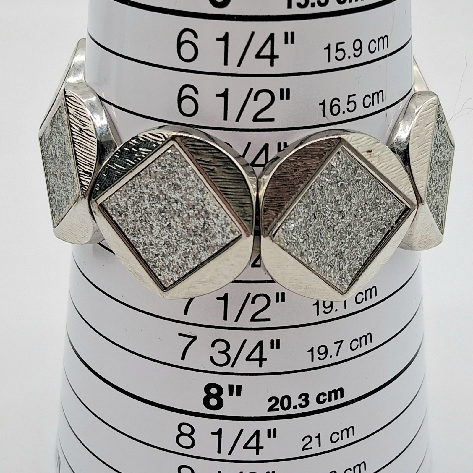 Silvertone Stretch Bracelet Geometric Panels Glitter Embellishments Textured