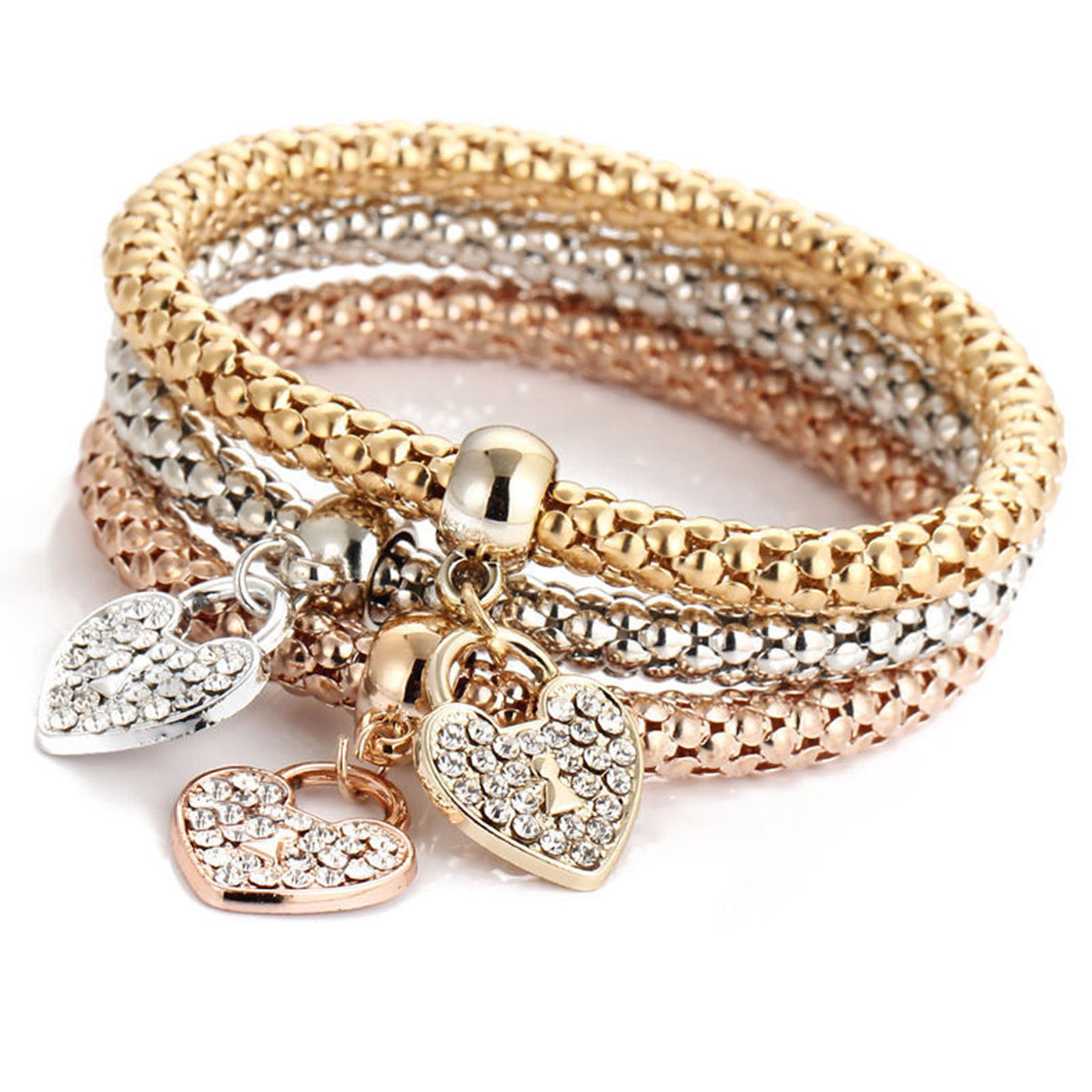 Women’s Fashion Jewelry 3 Piece Silver Rose Gold Heart Bangle Bracelet 53-2