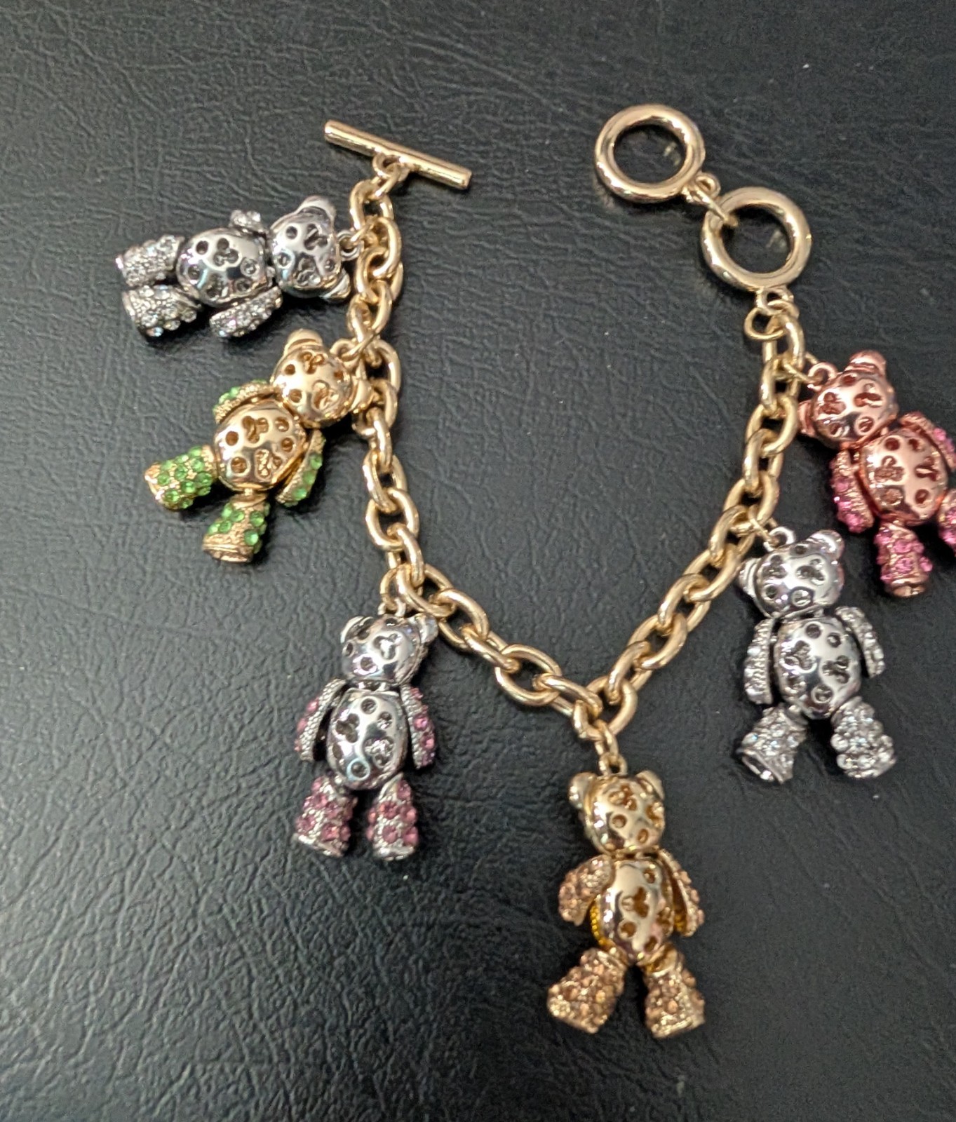RARE Off Park R Collection Jointed Teddy Bear Charms Bracelet Gold & Silver Pave