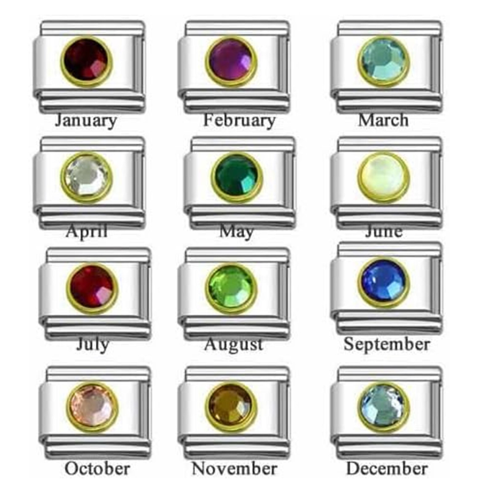 Rhinestone 9mm Italian Charm Bracelet Link Choose Your Birthday Birthstone Charm