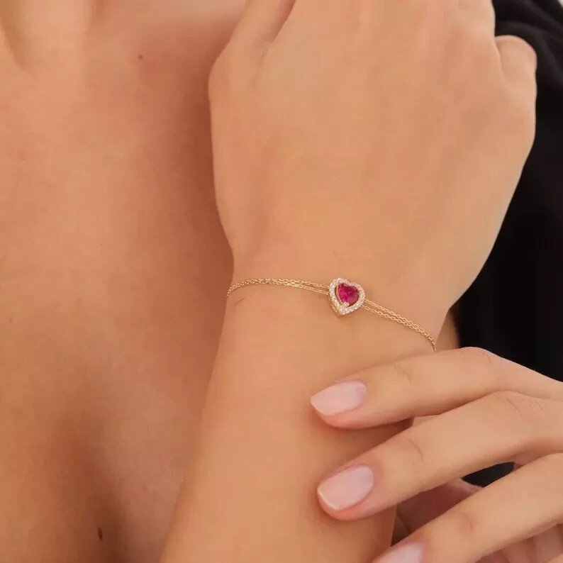 2Ct Heart Cut Simulated Pink Ruby Women’s Halo Bracelet 14K Yellow Gold Plated