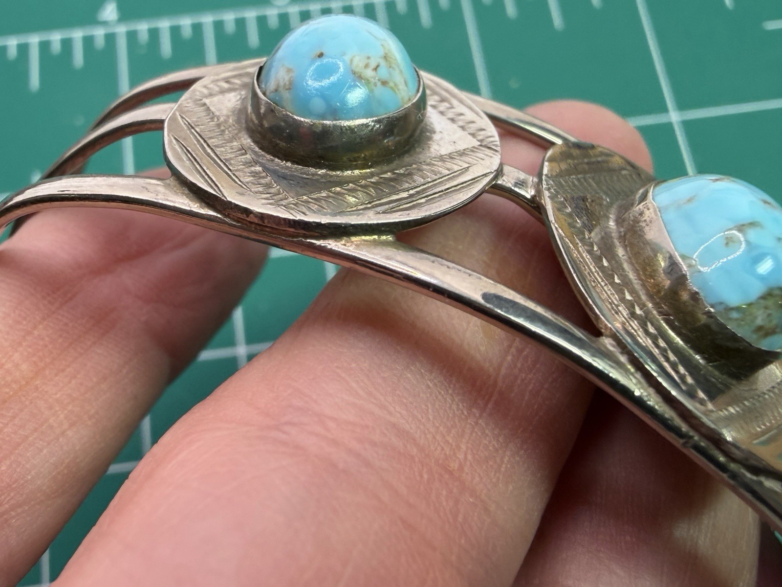 Vintage Silver Tone Large Faux Turquoise Statement Cuff Bracelet Mexico