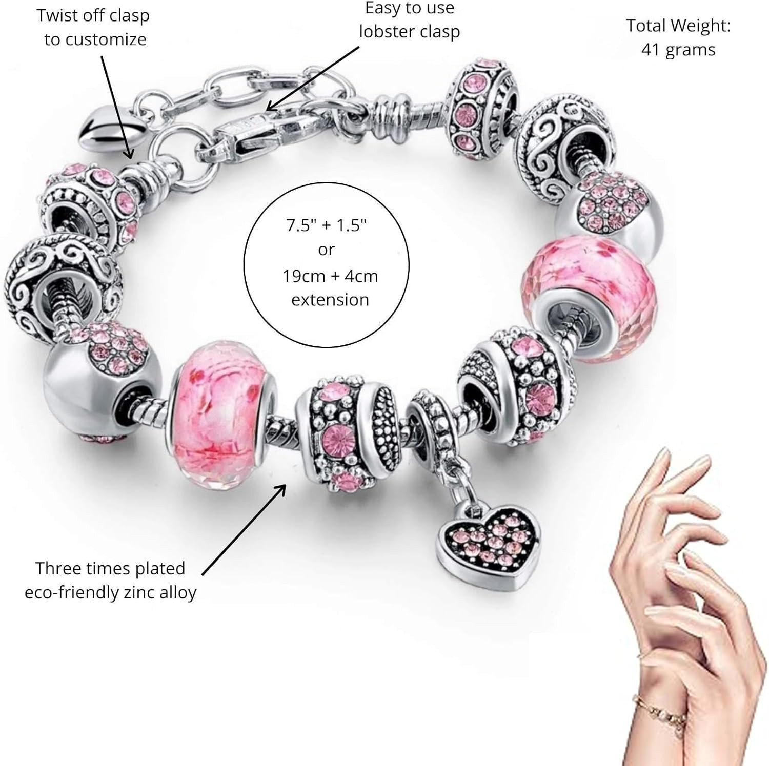 2 Pack Charm Bracelets Pink and Gold Heart Silver 7.5 Inches, Gold/Pink
