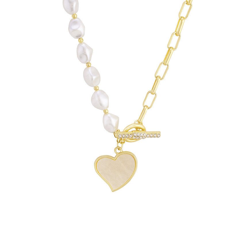 Woman 18K Gold Plated CZ Heart Charm Mother of Pearl Sweater Chain Toggle