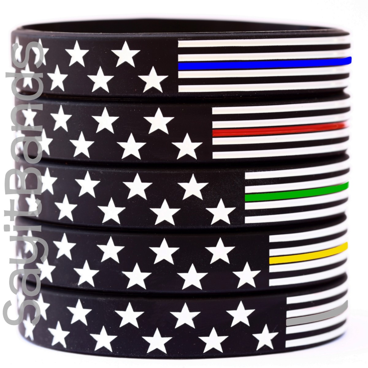 Two (2) XL 9″ Thin Line USA Flag Wristband Bracelet Blue Red Green Yellow Gray