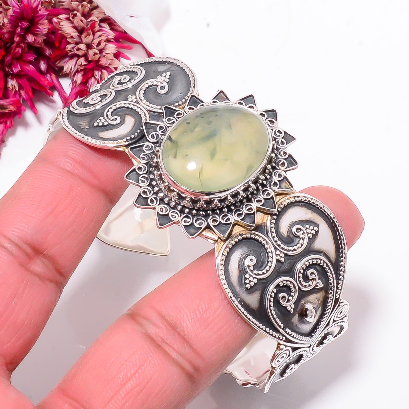 Prehnite – South Africa 925 Sterling Silver Bali Cuff|C968358543