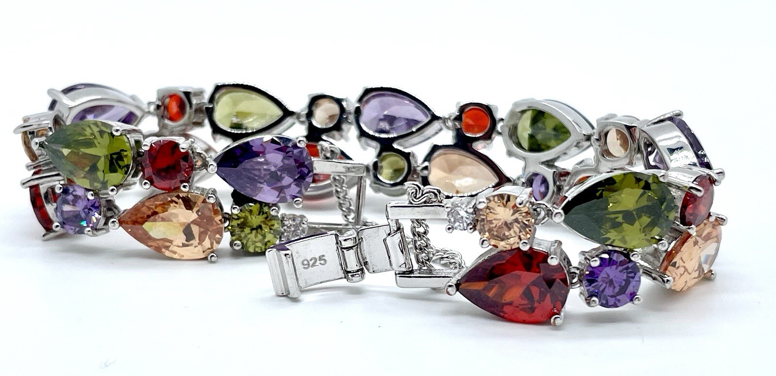 2 Layer Multi Color Sparkling Gemstone Bracelet 925 Bracelet w/Safety Chain
