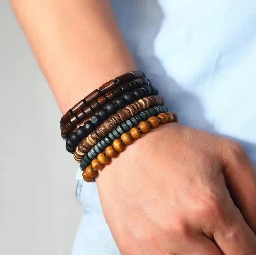 6pcs Braided Leather & Wooden Bead Bracelets – Adjustable Vintage Style for Men