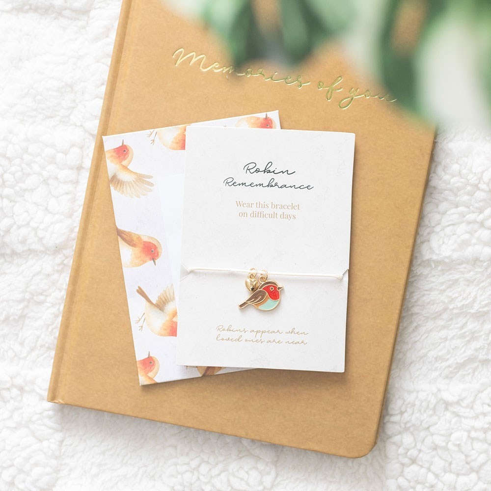 Memorial Rememberance Enamel Robin & Heart Cord Adjustable Bracelet & Envelope