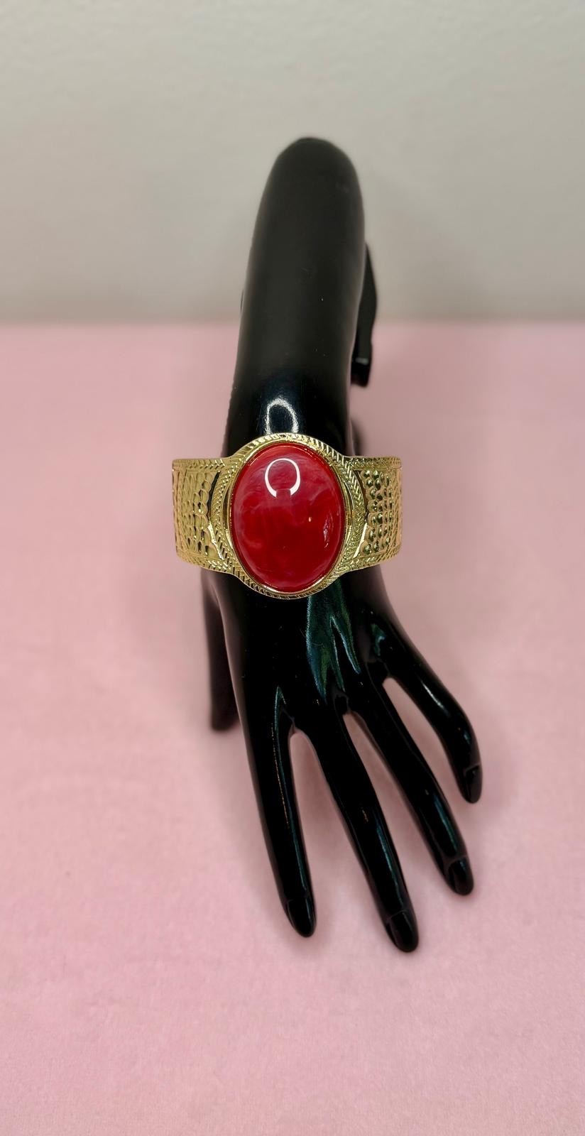 Gold Tone Red Stone Cuff Bracelet, Wide Statement Bangle, Vintage Boho