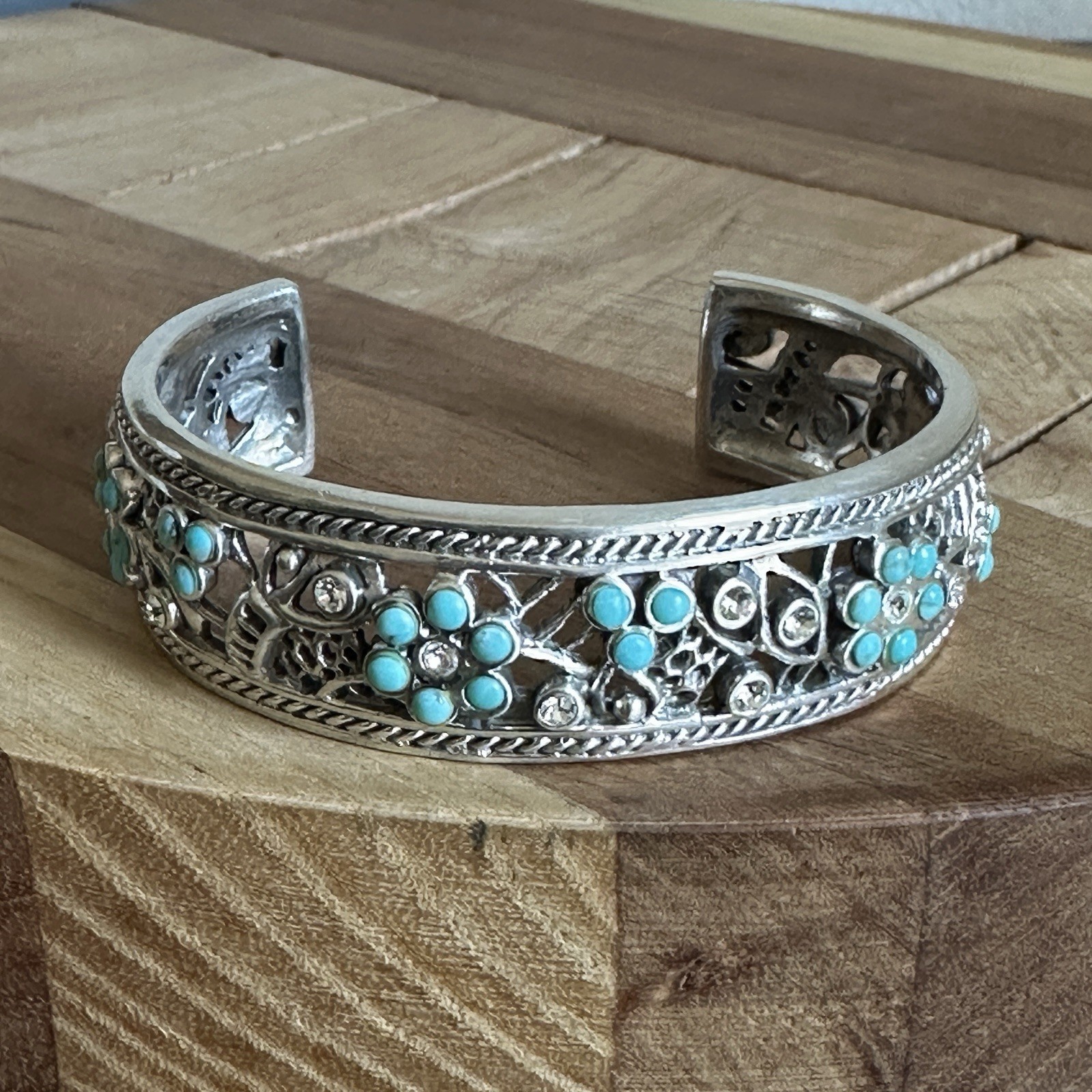 Barse Open Cuff Bracelet 6.5 Inch Turquoise Clear CZ Floral 925 Sterling 53.8g