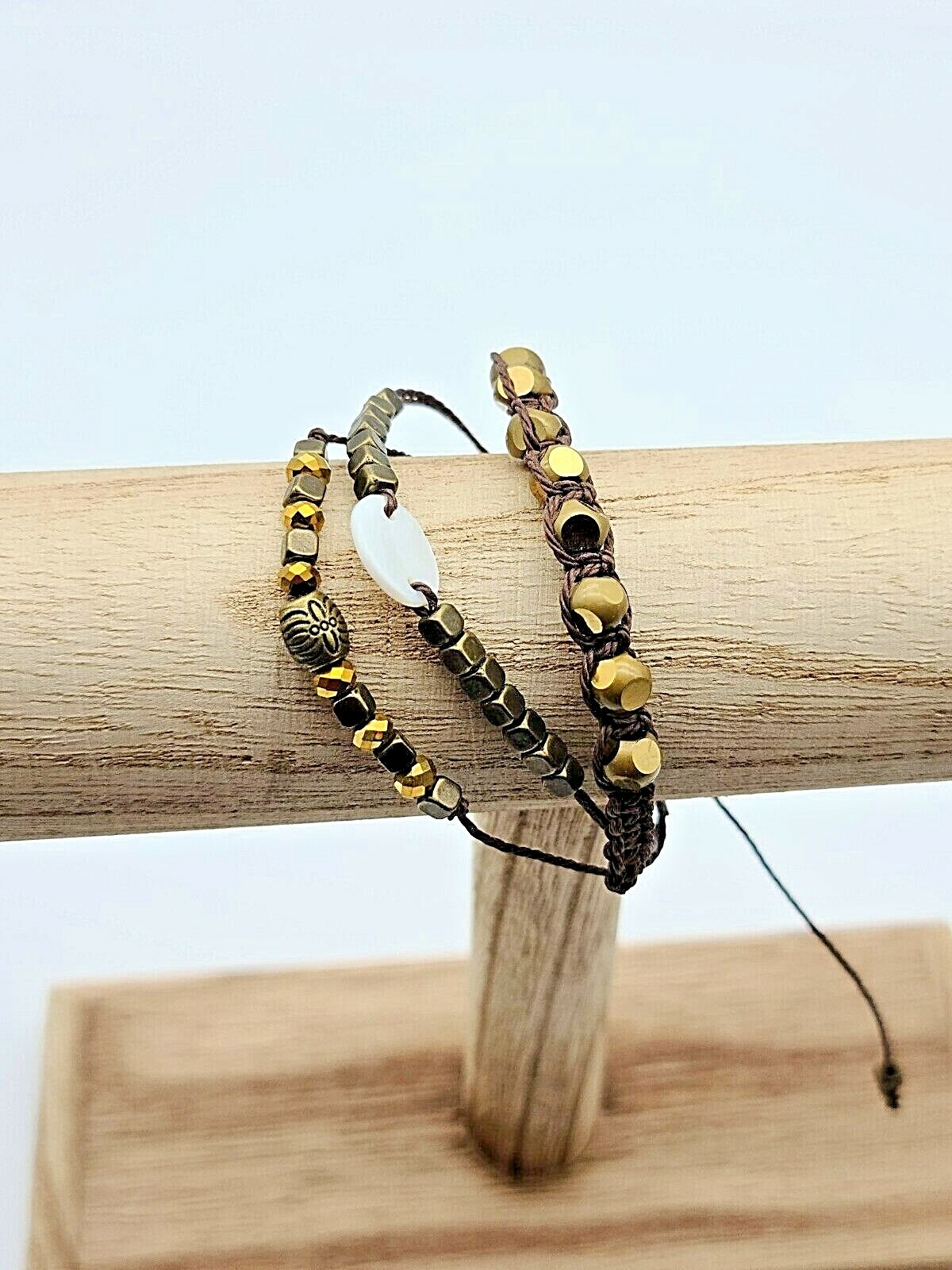 Antique Bronze Beaded Multi-Strand Pull-Tie Bracelet w Brown Waxed Cord