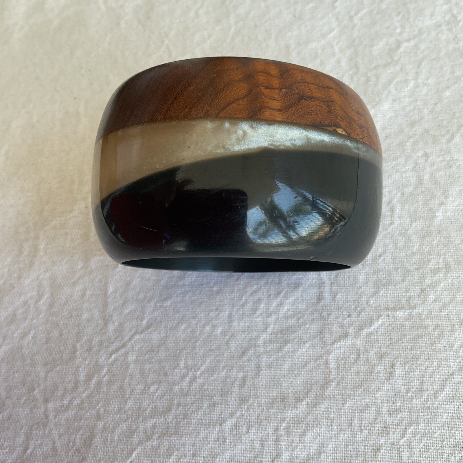 Wide Wood Resin Iridescent Shell-Like Center Inlay Cuff Bracelet Bangle Boho