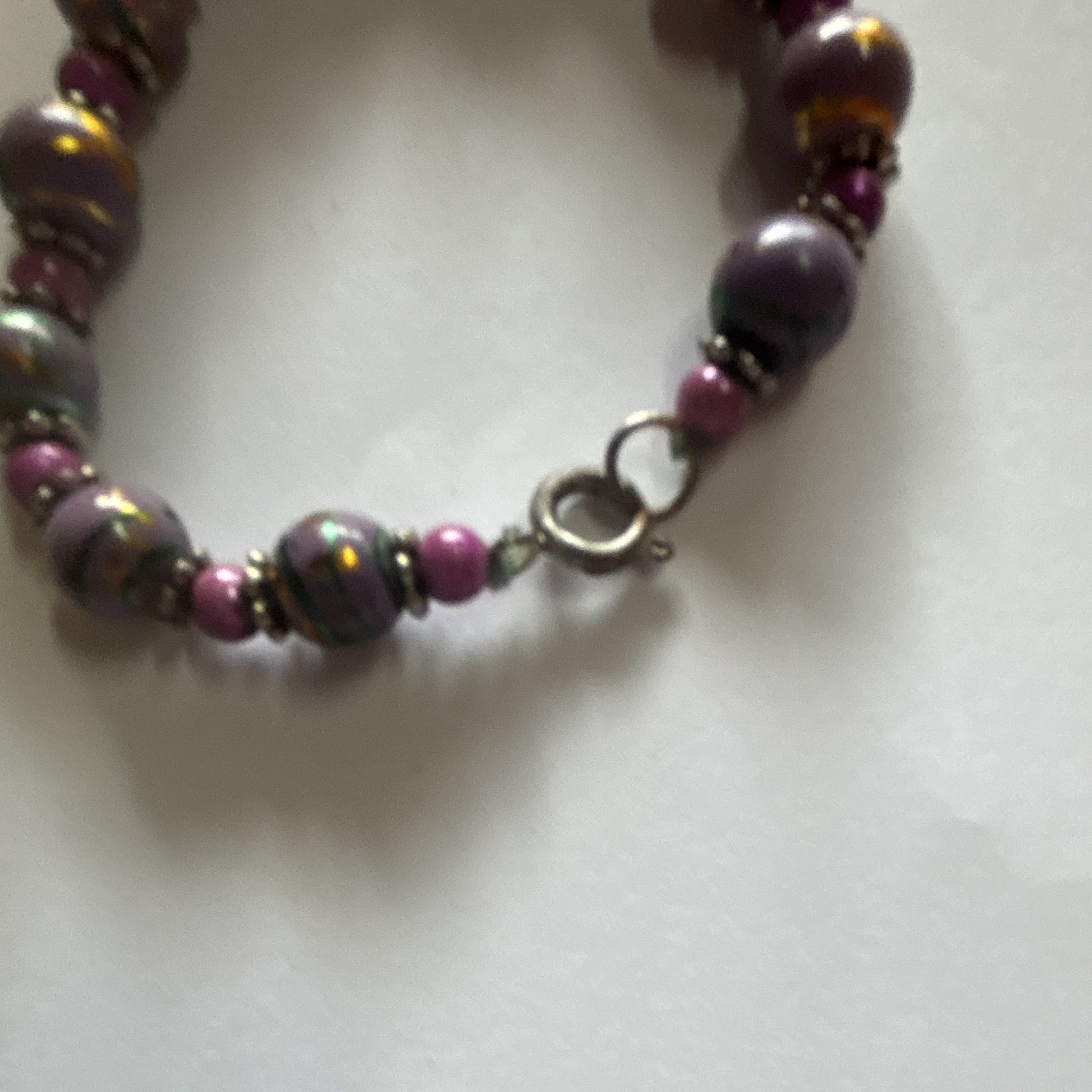 Purple Glass Round Bead Bracelet, Ball/Bead Chain, Spring Ring Clasp, 8 in